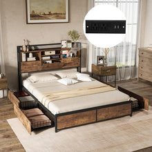 Load image into Gallery viewer, Country Industrial Metal Bed Frame with 4-Drawer Nightstand
