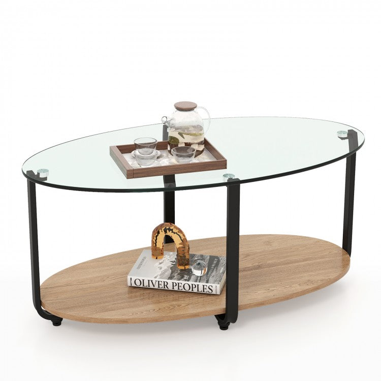 Modern Oval Coffee Table with Glass Top and 2-Tier Storage - Suitable for Living Room