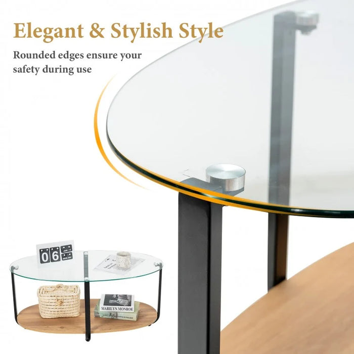 Modern Oval Coffee Table with Glass Top and 2-Tier Storage - Suitable for Living Room