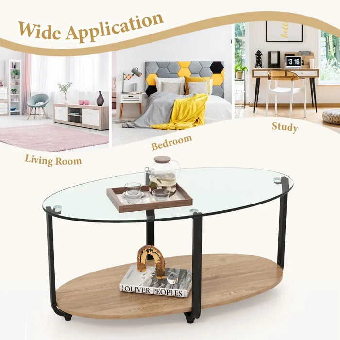 Modern Oval Coffee Table with Glass Top and 2-Tier Storage - Suitable for Living Room