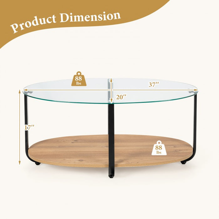 Modern Oval Coffee Table with Glass Top and 2-Tier Storage - Suitable for Living Room