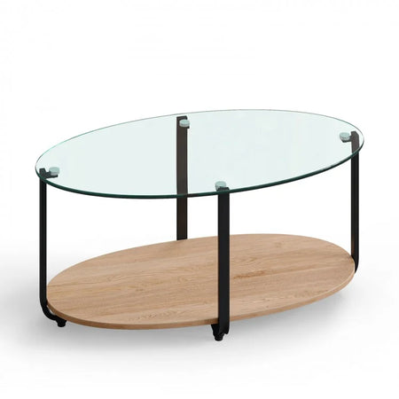 Modern Oval Coffee Table with Glass Top and 2-Tier Storage - Suitable for Living Room