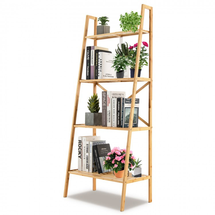 Multifunctional 4-Tier Bamboo Ladder Bookshelf Decorative Storage Rack