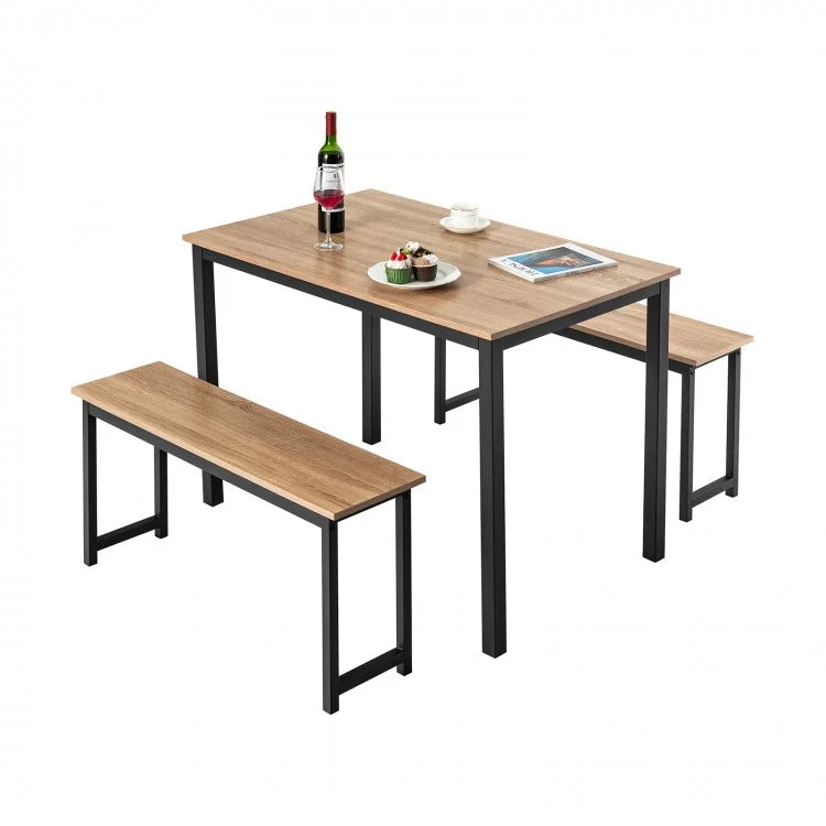 Costway Modern Dining Room Table 3-Piece Set with 2 Benches - Suitable for Dining Room and Kitchen