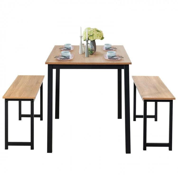 Costway Modern Dining Room Table 3-Piece Set with 2 Benches - Suitable for Dining Room and Kitchen