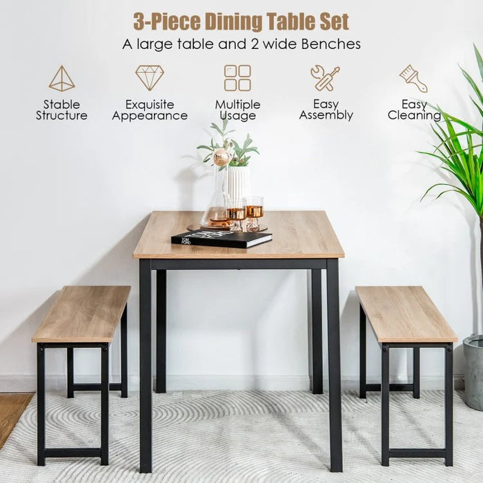 Costway Modern Dining Room Table 3-Piece Set with 2 Benches - Suitable for Dining Room and Kitchen