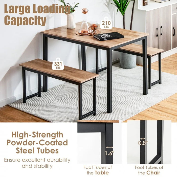 Costway Modern Dining Room Table 3-Piece Set with 2 Benches - Suitable for Dining Room and Kitchen