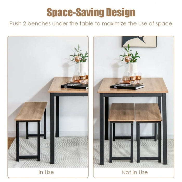 Costway Modern Dining Room Table 3-Piece Set with 2 Benches - Suitable for Dining Room and Kitchen