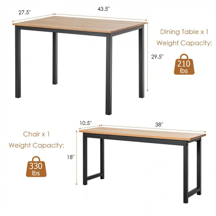 Costway Modern Dining Room Table 3-Piece Set with 2 Benches - Suitable for Dining Room and Kitchen