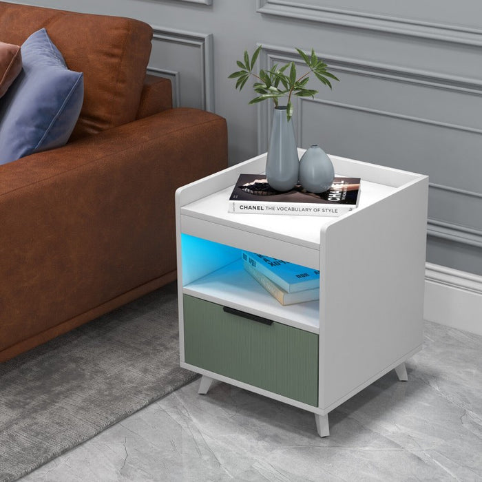 Inexpensive White Modern Double-Tier Nightstand with Drawers and LED Lights