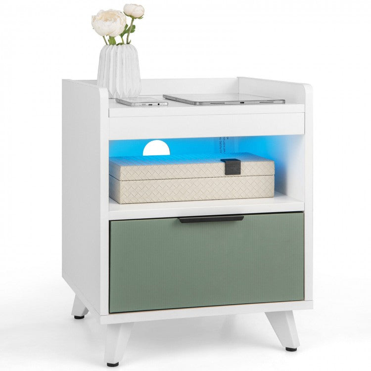 Inexpensive White Modern Double-Tier Nightstand with Drawers and LED Lights