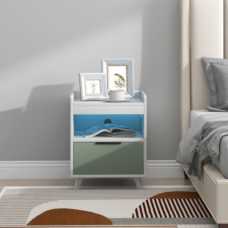 Inexpensive White Modern Double-Tier Nightstand with Drawers and LED Lights