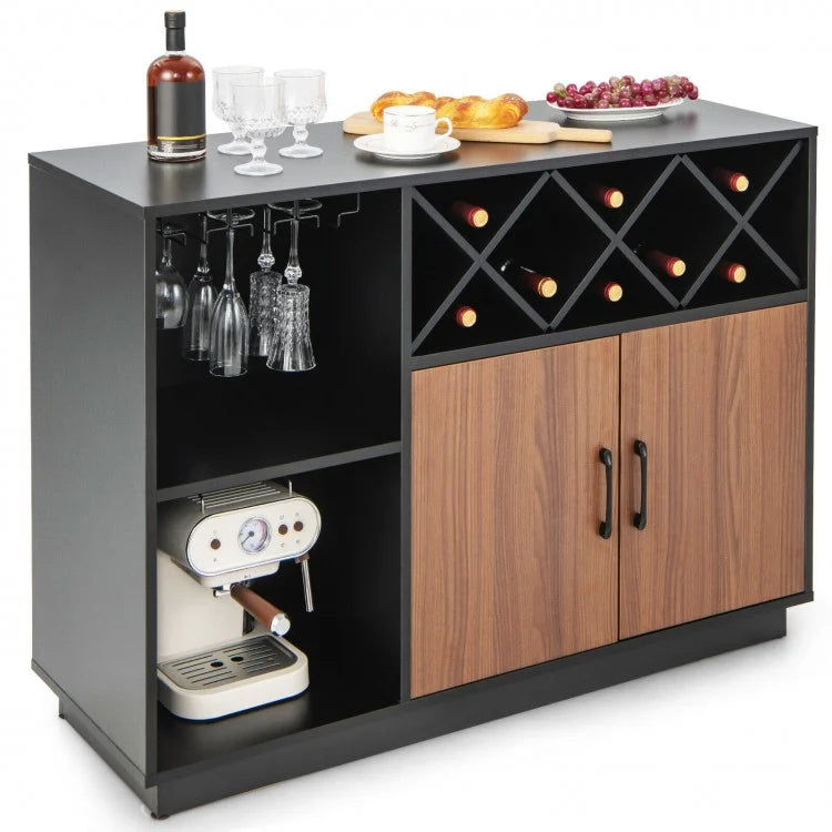 Costway Black Bar Cabinet Dining Cabinet with Removable Wine Rack and Glass Holder - Industrial Style, Suitable for Restaurant