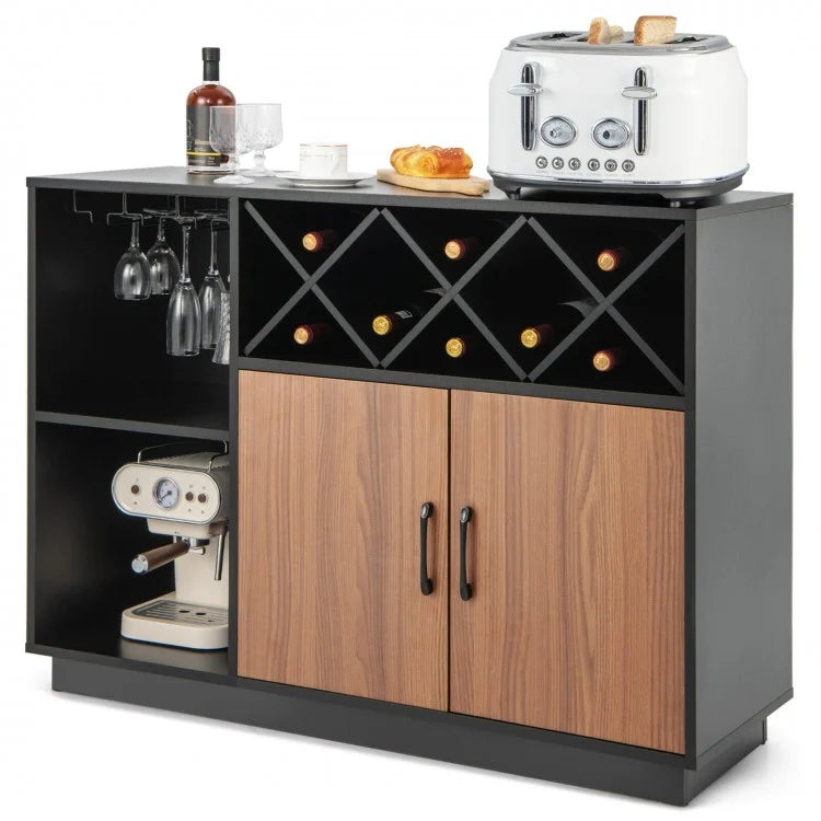 Costway Black Bar Cabinet Dining Cabinet with Removable Wine Rack and Glass Holder - Industrial Style, Suitable for Restaurant