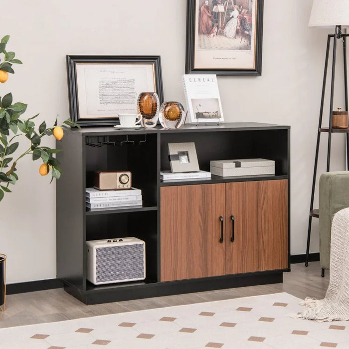 Costway Black Bar Cabinet Dining Cabinet with Removable Wine Rack and Glass Holder - Industrial Style, Suitable for Restaurant