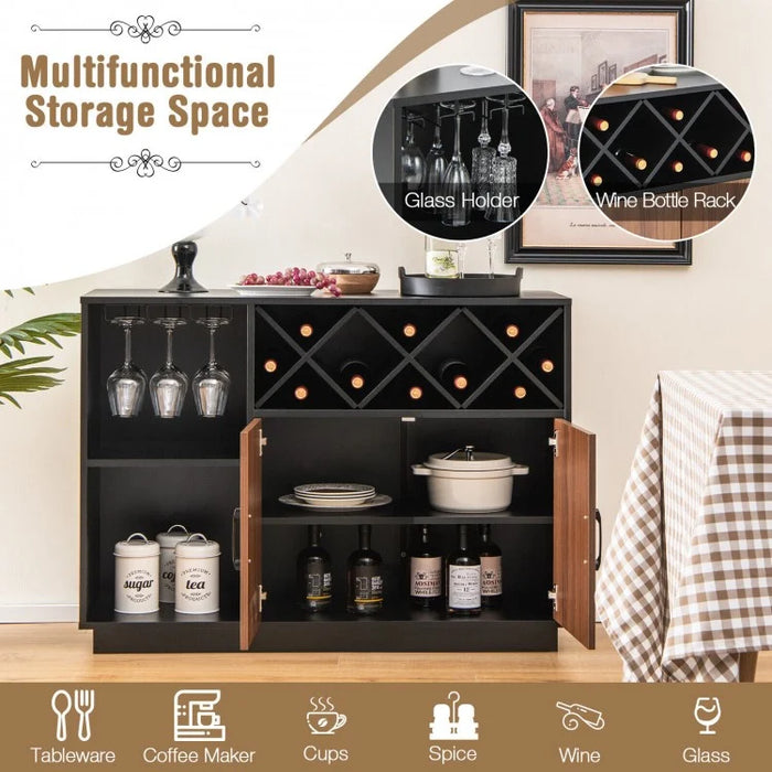Costway Black Bar Cabinet Dining Cabinet with Removable Wine Rack and Glass Holder - Industrial Style, Suitable for Restaurant