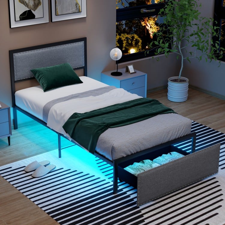 Minimalist Metal Bed Frame with Drawers and LED Lighting