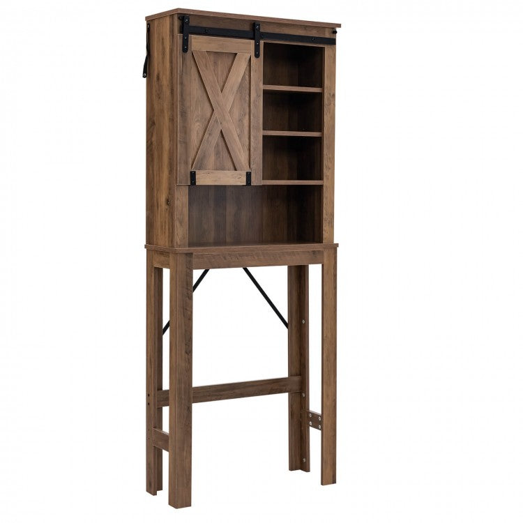 Rustic Farmhouse Vintage Wooden Bathroom Cabinet - Freestanding Unit with Sliding Barn Doors and Open Shelves