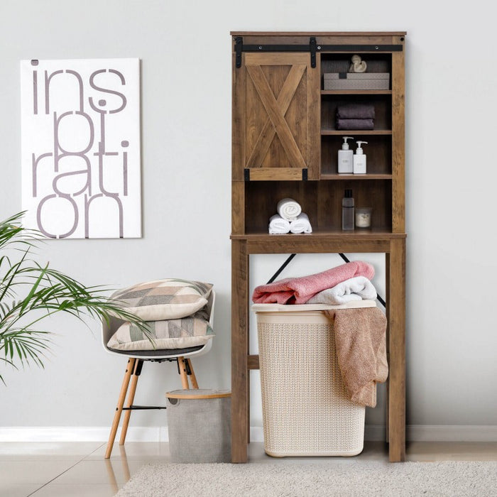 Rustic Farmhouse Vintage Wooden Bathroom Cabinet - Freestanding Unit with Sliding Barn Doors and Open Shelves