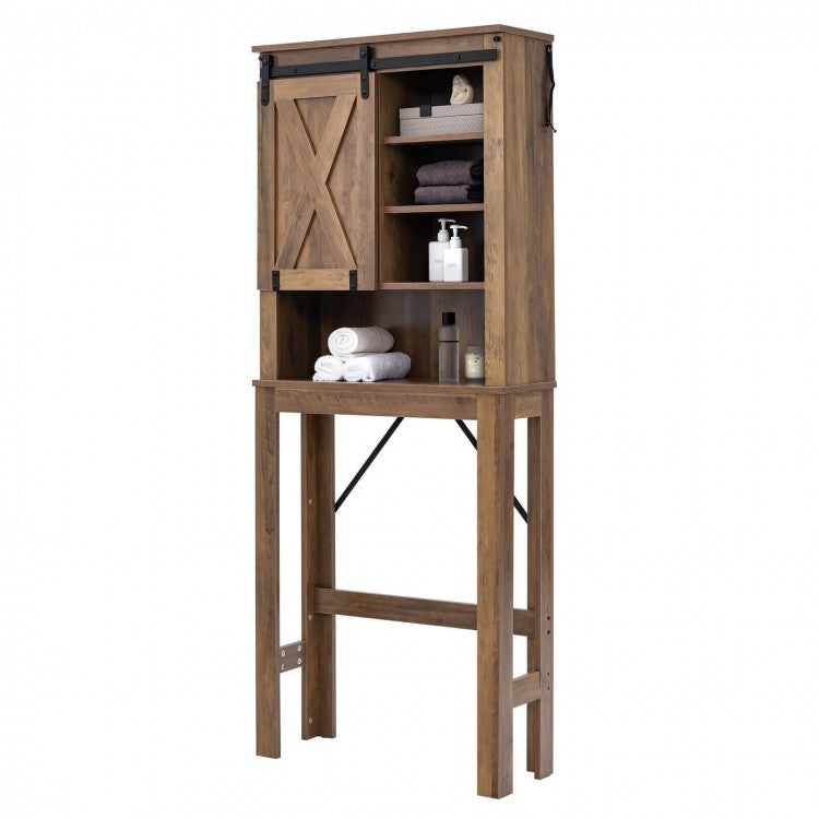 Rustic Farmhouse Vintage Wooden Bathroom Cabinet - Freestanding Unit with Sliding Barn Doors and Open Shelves