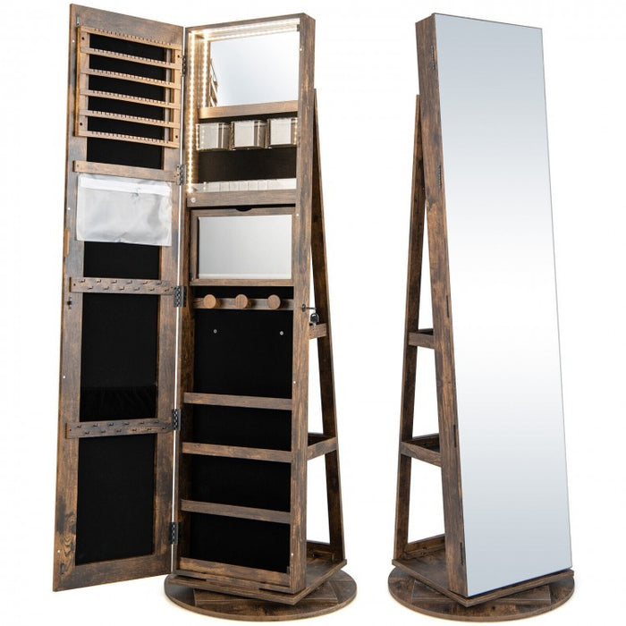 Multifunctional 360° Rotating Mirror Jewelry Cabinet with Built-in LED Lights - Ideal for Bedroom and Makeup Room