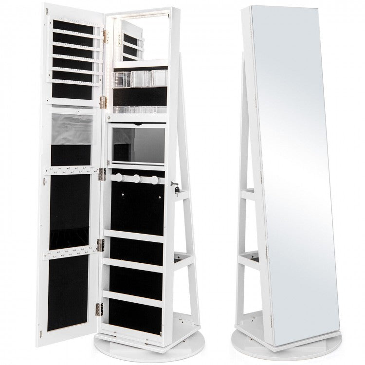 Multifunctional 360° Rotating Mirror Jewelry Cabinet with Built-in LED Lights - Ideal for Bedroom and Makeup Room