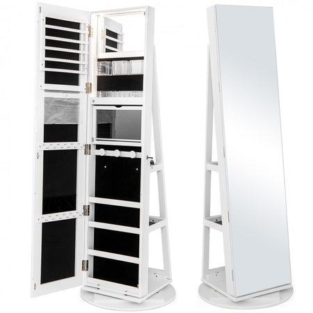Multifunctional 360° Rotating Mirror Jewelry Cabinet with Built-in LED Lights - Ideal for Bedroom and Makeup Room