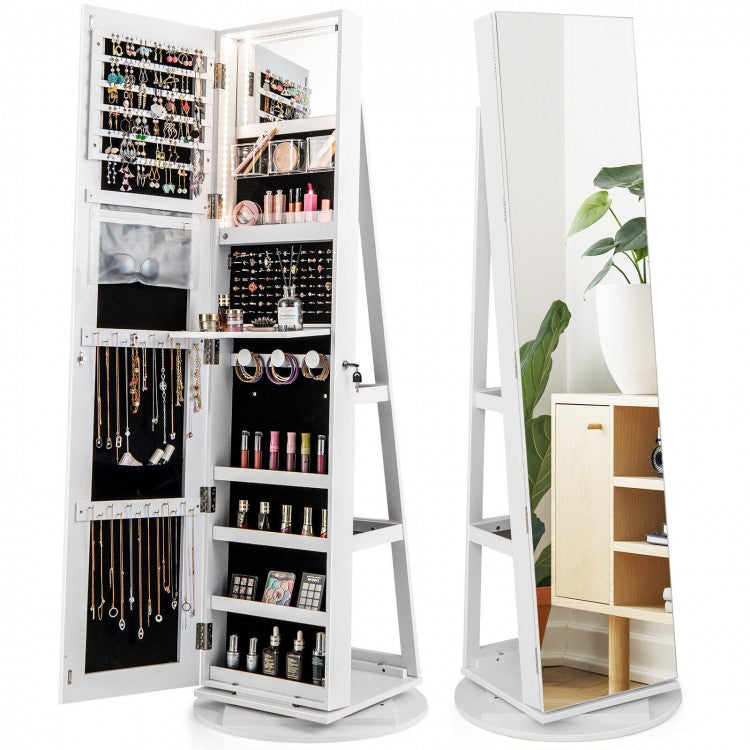 Multifunctional 360° Rotating Mirror Jewelry Cabinet with Built-in LED Lights - Ideal for Bedroom and Makeup Room