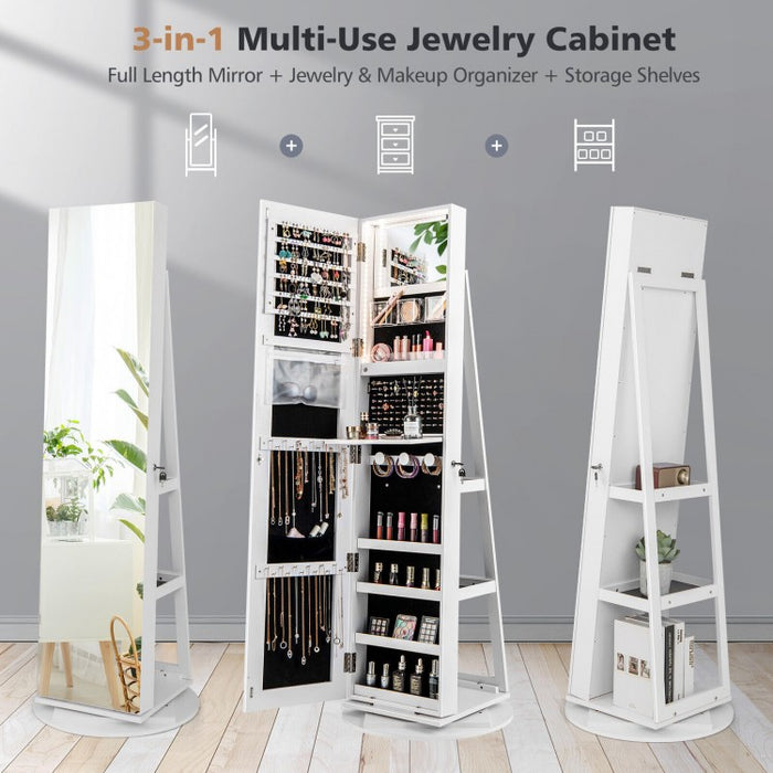 Multifunctional 360° Rotating Mirror Jewelry Cabinet with Built-in LED Lights - Ideal for Bedroom and Makeup Room