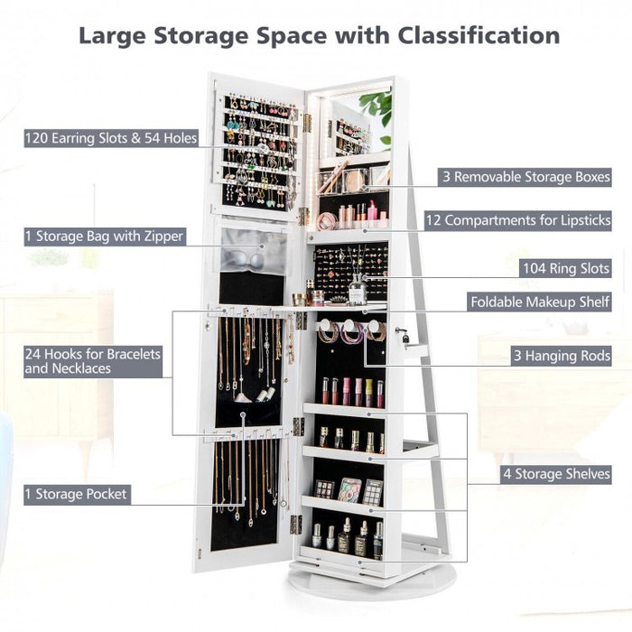 Multifunctional 360° Rotating Mirror Jewelry Cabinet with Built-in LED Lights - Ideal for Bedroom and Makeup Room