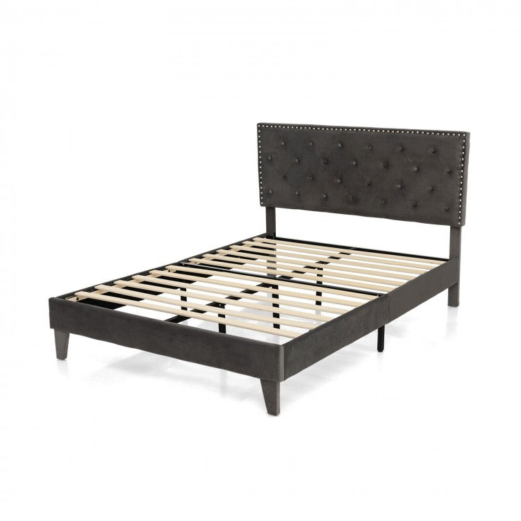 Gray Tufted Velvet Headboard Quiet Bed Frame with Storage Underneath