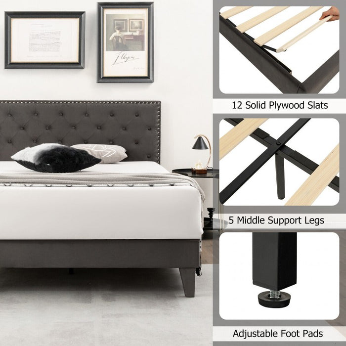Gray Tufted Velvet Headboard Quiet Bed Frame with Storage Underneath