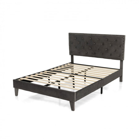 Gray Tufted Velvet Headboard Quiet Bed Frame with Storage Underneath