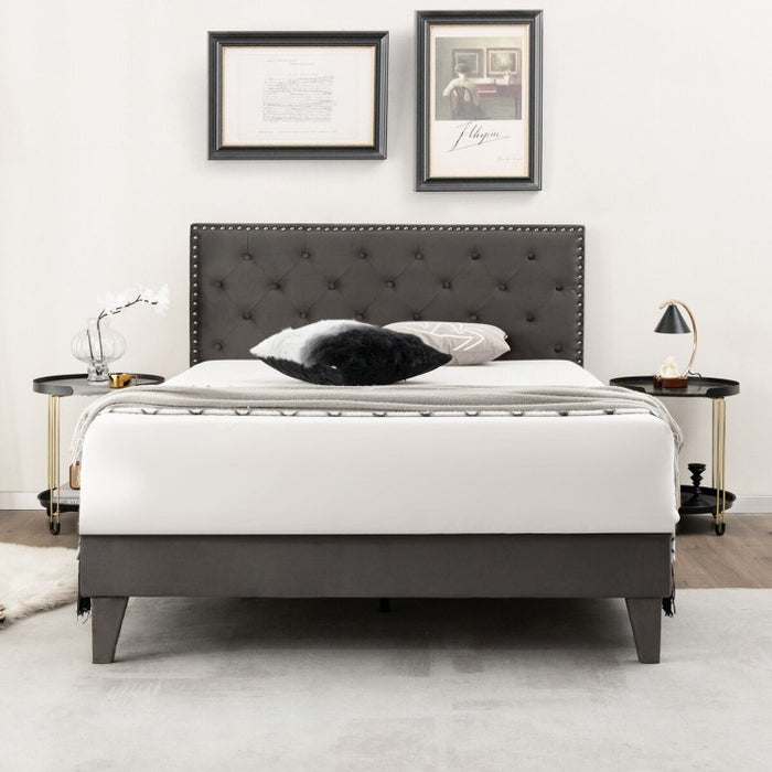 Gray Tufted Velvet Headboard Quiet Bed Frame with Storage Underneath