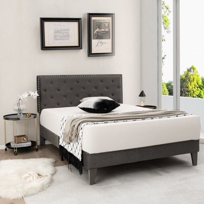 Gray Tufted Velvet Headboard Quiet Bed Frame with Storage Underneath