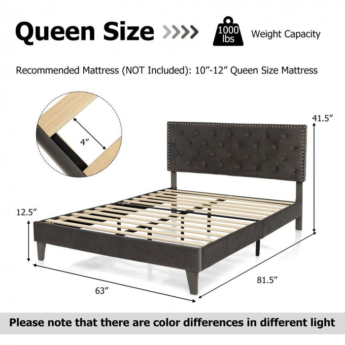 Gray Tufted Velvet Headboard Quiet Bed Frame with Storage Underneath