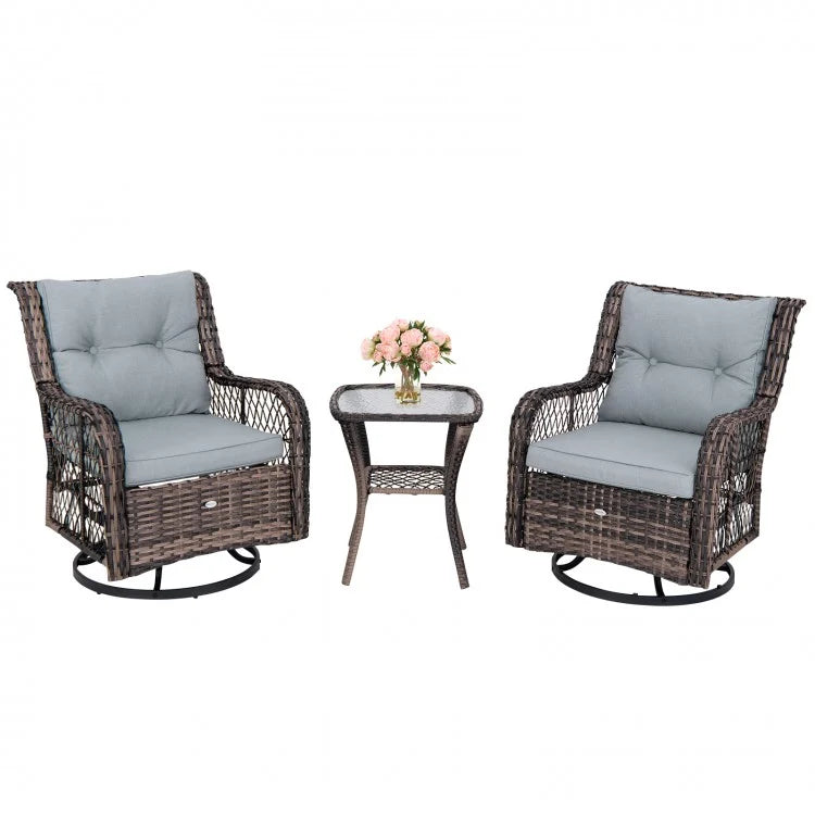 Costway Swivel Outdoor Chairs Set of 3 with Small Side Table - Suitable for Patio, Garden, and Porch