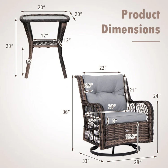 Costway Swivel Outdoor Chairs Set of 3 with Small Side Table - Suitable for Patio, Garden, and Porch