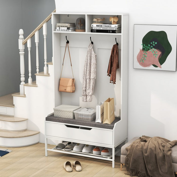 69-Inch White Coat Rack with Cushion, Hooks, Drawers, and Shelves - Ideal for Bedroom and Living Room
