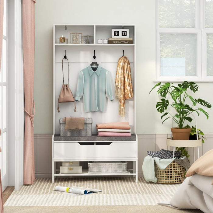 69-Inch White Coat Rack with Cushion, Hooks, Drawers, and Shelves - Ideal for Bedroom and Living Room