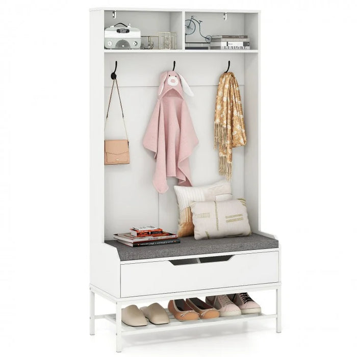 69-Inch White Coat Rack with Cushion, Hooks, Drawers, and Shelves - Ideal for Bedroom and Living Room
