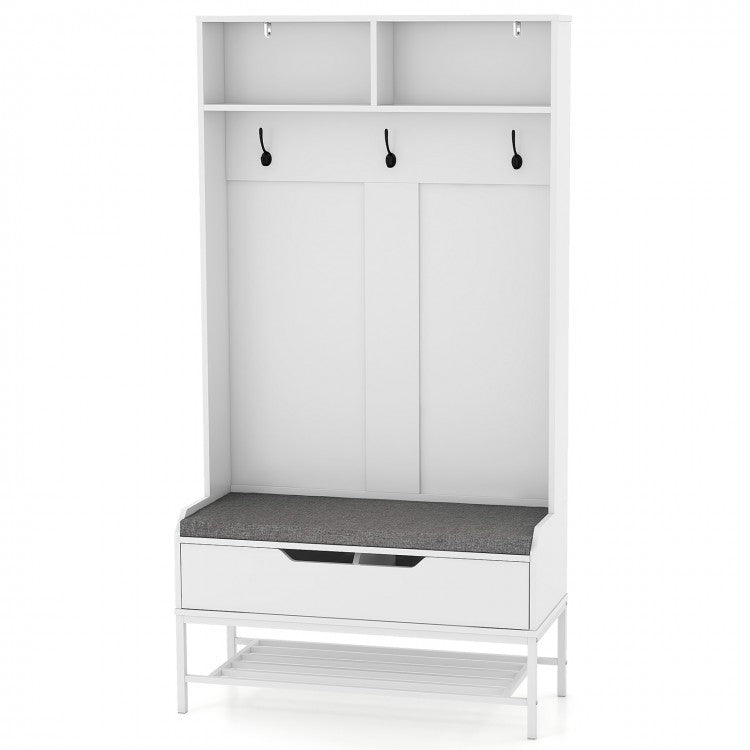 69-Inch White Coat Rack with Cushion, Hooks, Drawers, and Shelves - Ideal for Bedroom and Living Room
