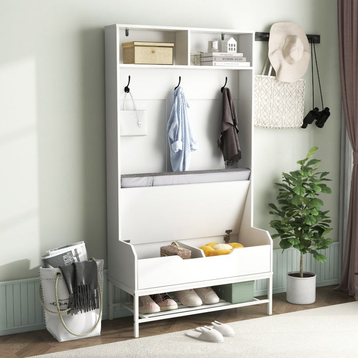 69-Inch White Coat Rack with Cushion, Hooks, Drawers, and Shelves - Ideal for Bedroom and Living Room