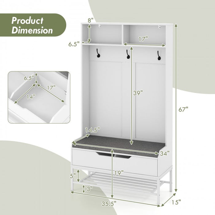 69-Inch White Coat Rack with Cushion, Hooks, Drawers, and Shelves - Ideal for Bedroom and Living Room