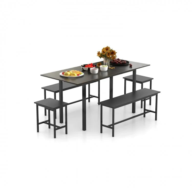 Industrial Style Extendable Dining Table Set - 5-Piece Set with 2 Benches and 2 Stools - Suitable for Restaurant and Apartment