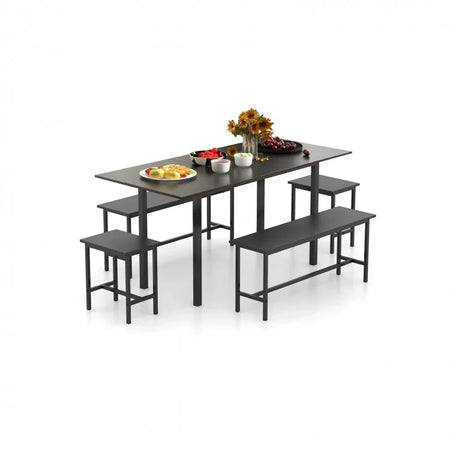 Industrial Style Extendable Dining Table Set - 5-Piece Set with 2 Benches and 2 Stools - Suitable for Restaurant and Apartment