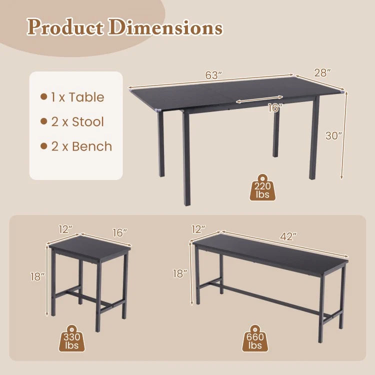 Industrial Style Extendable Dining Table Set - 5-Piece Set with 2 Benches and 2 Stools - Suitable for Restaurant and Apartment