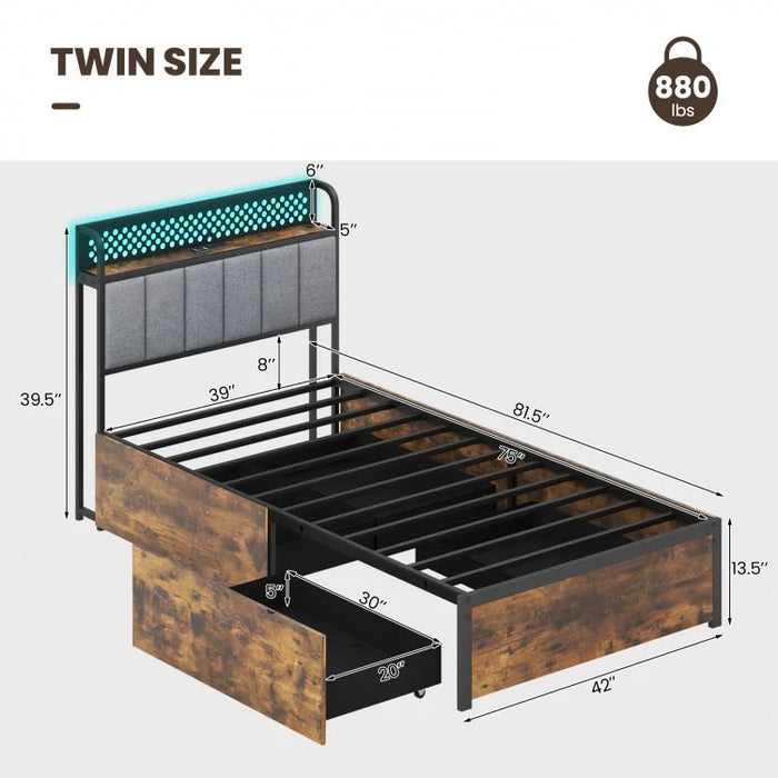 Costway Furniture:Industrial Style Metal Bed with Drawers and LED Lighting