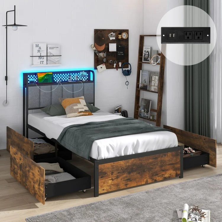 Costway Furniture:Industrial Style Metal Bed with Drawers and LED Lighting