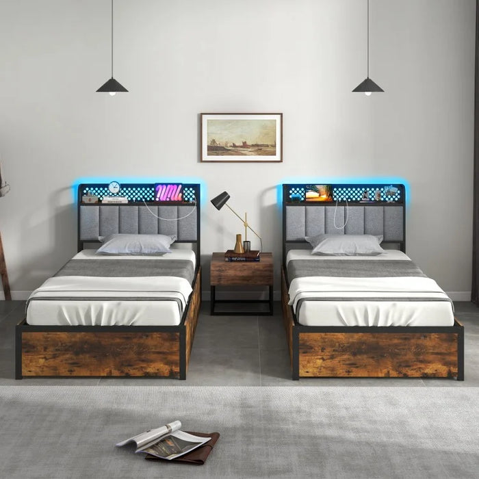 Costway Furniture:Industrial Style Metal Bed with Drawers and LED Lighting